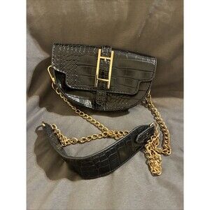 h by halston Crossbody Croc Embossed Black Crescent Shape NWOT